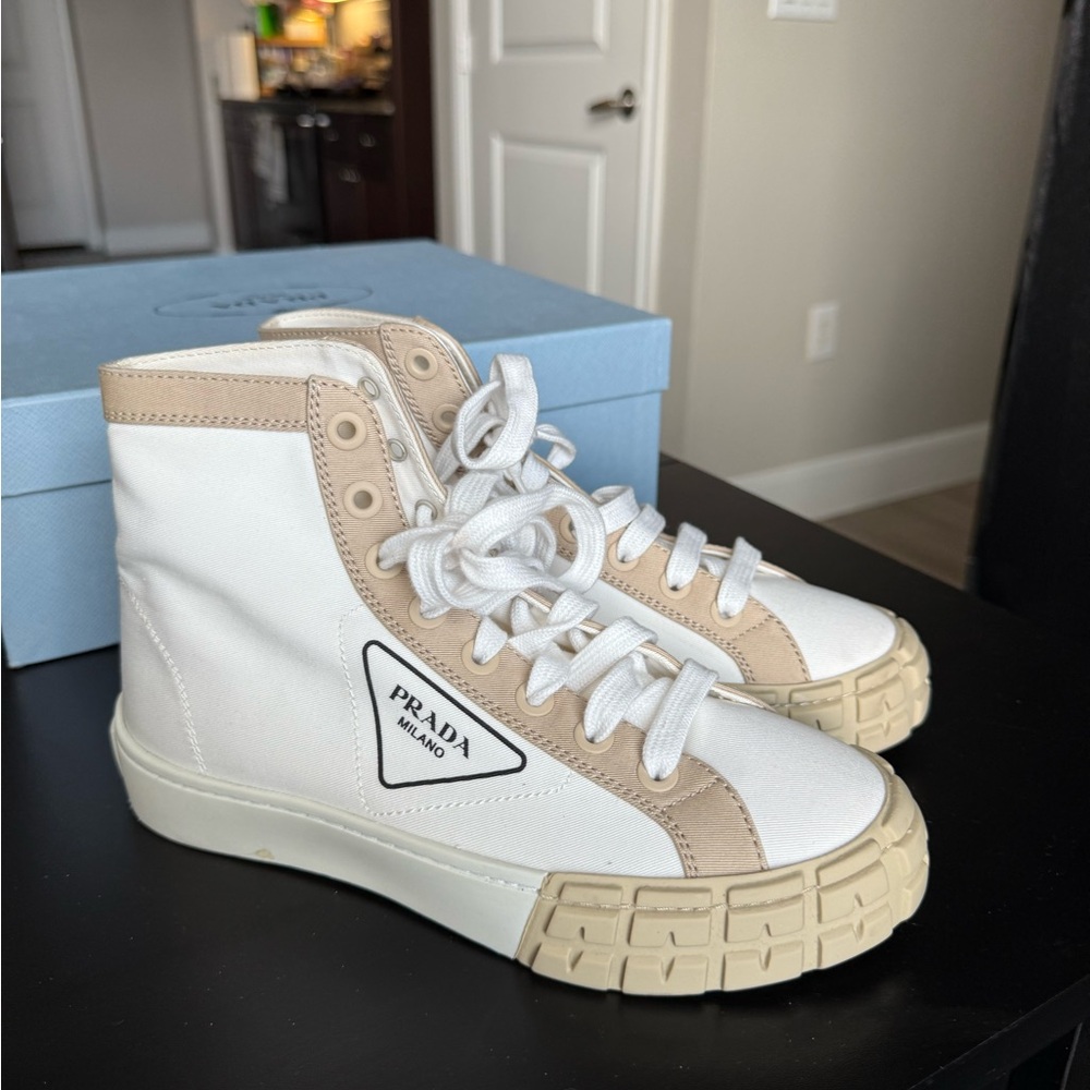 Prada Cream and White High-Top Sneakers
